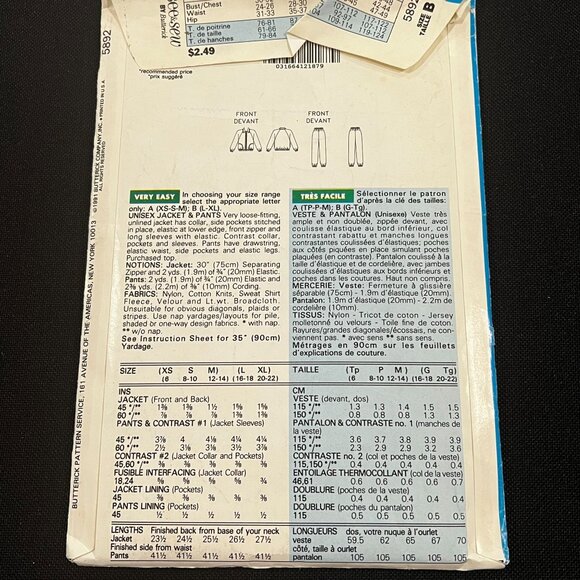 See & Sew Pattern 5892 Unisex Jacket & Pants B (L-XL) 80s Parachute Pants Jacket - Picture 2 of 2